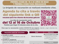 Jornada de vacunación contra el COVID-19 Tecámac. Primera dosis de 18 a 29 años de edad y primera dosis para rezagados. Facebook Tecámac TV.