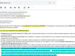 Correo que confirma prueba COVID-19 positiva