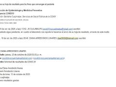 Correo que confirma prueba COVID-19 positiva