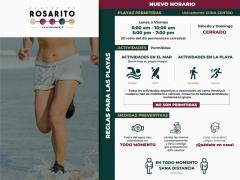 Cartel con horarios, actividades a realizar y medidas sanitarias a seguir en las playas del municipio Playas de Rosarito. Facebook Gobierno de Playas de Rosarito.