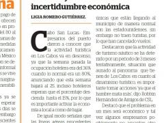 Captura de pantalla de nota periodística sobre la caída de la actividad turística el incremento de la incertidumbre económica en Los Cabos. Esto es parte de un contexto más general del desempleo en la pandemia
