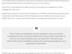 Nota alusiva a la labor de Mario Meave, promoviendo la campaña de perifoneo "Quédate en casa" a los pobladores de Cabo