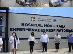 Gobernador de BCS, la alcaldesa de Los Cabos y representantes del sector médico, frente al recién inaugurado Hospital Móvil para Enfermedades Respiratorias.