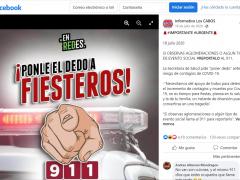 Publicación en Facebook para reportar a quienes se les sorprenda en reuniones sociales y/o aglomeraciones.
