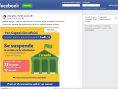 Publicación sobre suspensión de asistencia de estudiantes en Colima por COVID-19. Facebook José Ignacio Peralta Sánchez.
