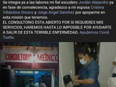Publicación sobre consultorio COVID-19 que etiqueta a la nueva página y menciona los motivos de su creación. Facebook Jorge Luis Sánchez López.