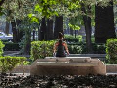 Mujer medita en banca de parque Lincoln, colonia Polanco. Fotografía: Duilio Rodríguez.