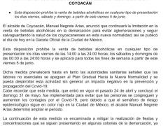 Suspensión de venta de bebidas alcohólicas en Coyoacán.