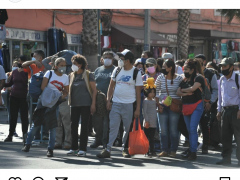 Cruze peatonal con gente esperando pasar, varios traen bolsas o bultos. No se nota distancia física sufiente entre ellos, la mayoría trae cubrebocas. Al frente una niña sin cubrebocas con un pulpo de juguete en la cabeza. Fotografía: Hugo García