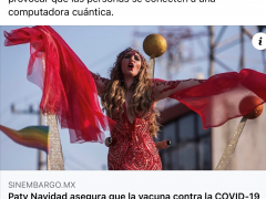 Publicación del periódico "Sin Embargo", sobre la actriz Paty Navidad y sus declaraciones acerca de la vacuna contra COVID-19.