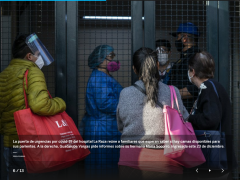 La puerta de urgencias por covid-19 del hospital La Raza reúne a familiares que esperan saber si hay camas disponibles para sus parientes. A la derecha, Guadalupe Vargas pide informes sobre su hermana María Socorro, ingresada este 23 de diciembre. Fotografía de Teresa de Miguel