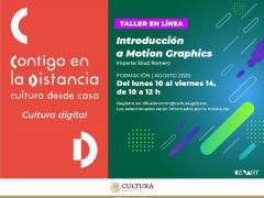 Aviso Taller en línea Introducción a Motion Graphics. Facebook Centro Multimedia del Centro Nacional de las Artes.