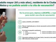 Cartel Eres adulto mayor (60 y más años), residente de la Ciudad de México y no pudiste asistir a tu cita de vacunación). Locatel.