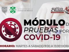Cartel con horario de un módulo de pruebas por COVID-19. Alcaldia Gustavo A. Madero.