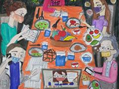 Dibujo de una familia comiendo mientras el virus flota sobre cada uno de los integrantes, Gaceta UNAM.