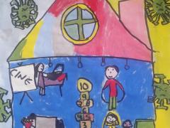 Dibujo de una familia realizando actividades recreativas durante el aislamiento social, Gaceta UNAM.