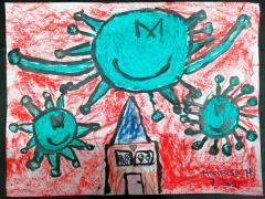 Dibujo del virus atacando a una familia amorosa que está refugiada en una casa, Gaceta UNAM.