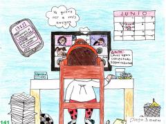 Dibujo de un niño participando en una videoconferencia con sus amigos y amigas, Gaceta UNAM.