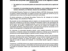 Boletín SEP No. 115 Informa AEFCM primer caso positivo de COVID-19 en regreso a clases presenciales. 