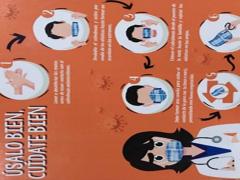 Infografía Úsalo bien, cuídate bien, con personal médico femenino, estación División del Norte, metro CdMx. Fotografía Gloria Elisa Melgarejo García.