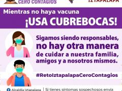 Cartel digital Mientras no haya vacuna ¡Usa cubrebocas!. Facebook Alcaldía Iztapalapa.