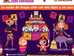 Infografía La noche de brujas sólo con mis hijos y en casa. Facebook Alcaldía Iztapalapa.