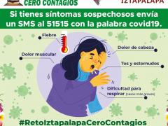 Infografía Si tienes síntomas sospechosos envía un SMS al 51515 con la palabra covid19. Facebook Alcaldía Iztapalapa.