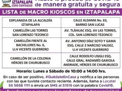 Cartel digital Lista de macro kioskos en Iztapalapa. Facebook Alcaldía Iztapalapa.