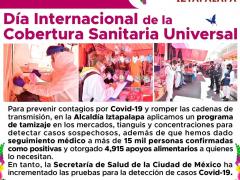 Anuncio Día Internacional de la Cobertura Sanitaria Universal, menciona aplicación de tamizajes en mercados, tianguis. Facebook: Alcaldía Iztapalapa.