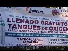 Lona informa llenado gratuito de tanques de oxígeno, Macroplaza, alcaldía Iztapalapa. Fotografía: Stephanie Romero Faz