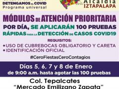 Flyer informa instalación del Módulo de Atención Prioritaria en la colonia Tepalcates. Facebook Alcaldía Iztapalapa.