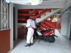 Brigadista sanitiza pasillo y debajo de escaleras, Unidad Habitacional Cabeza de Juárez I. Fotografía: Facebook Alcaldía Iztapalapa.