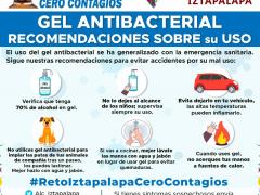 Infografía Gel antibacterial recomendaciones sobre su uso. Facebook Alcaldía Iztapalapa.