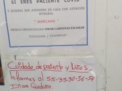 Anuncios sobre cuidados de pacientes con COVID-19 y cuidado de niños, Cuautémoc, CdMx. Fotografía: David Alonso Vargas Melgarejo.