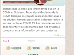Difusión de Plan Nacional de Vacunación por WhatsApp del Edificio Allende, Tlatelolco.