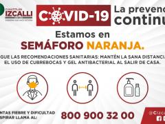Infografía "COVID-19: La prenvención continúa. Estamos en semáforo naranja". Imagen: Facebbok Ayuntamiento Cuautitlán Izcalli 2019-2021.