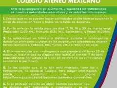 Aviso del Colegio Ateneo Mexicano respecto a la propagación del COVID-19. Facebook Prepa Ateneo.