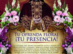 Flyer con invitación a donar arreglos florales para las festividades en honor al Divino Redentor.
