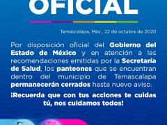 Flyer Comunicado oficial sobre cierre de panteones en el municipio de Temascalapa.