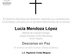 Esquela de Lucía Mendoza López, madre de  Jorge Ernesto Ortiz Mendoza, del municipio de Acolman.