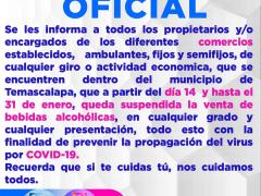 Comunicado oficial sobre ley seca en Temascalapa.