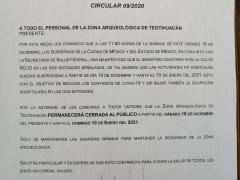 Circular 09/2020 con cierre de la Zona Arqueológica, INAH.