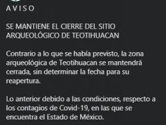 Aviso de prolongación del cierre de la ZAT. Facebook Teotihuacan en casa.