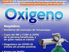 Flyer del Gobierno de Temascalapa que anuncia los apoyos económicos para oxígenos.