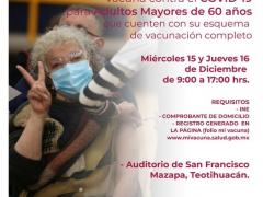 Flyer Dosis de refuerzo. Vacuna contra COVID-19 para adultos mayores de 60 años. Imagen: Gobierno Municipal de Teotihuacán.