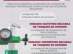 Anuncio con horarios y requisitos para recarga de tanques de oxígeno de manera gratuita. Ayuntamiento de Tecámac