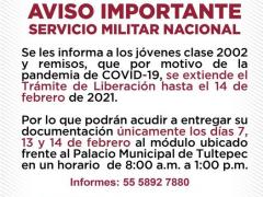 Aviso con ampliación del periodo para realizar el trámite del servicio militar debido a la pandemia en el municipio de Tultepec. Facebook: Ayuntamiento de Tultepec (2019-2021)