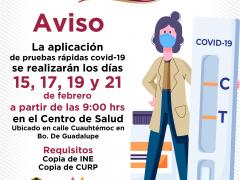 Aviso La aplicación de preubas rápidas COVID-19. Facebook: Ayuntamiento de Tultepec (2019-2021).