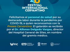 Anuncio sobre Presea Cervantina a personal médico por su labor frente al COVID-19.