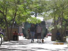 Jóvenes paseando con su mascota haciendo uso incorrecto del cubrebocas (mujer). Fotografía: Juan José Carrillo Coronel
